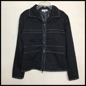 Moto Biker Silver Studs On Black Cotton Zip Jacket Size S
